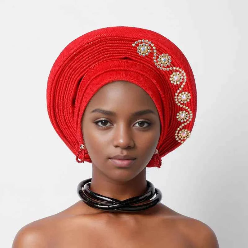 Nigerian Wedding Geles African Headtie Auto Gele Turbans for Women Aso Oke Fabric Muslim Headwear Headpiece Female Head Wraps