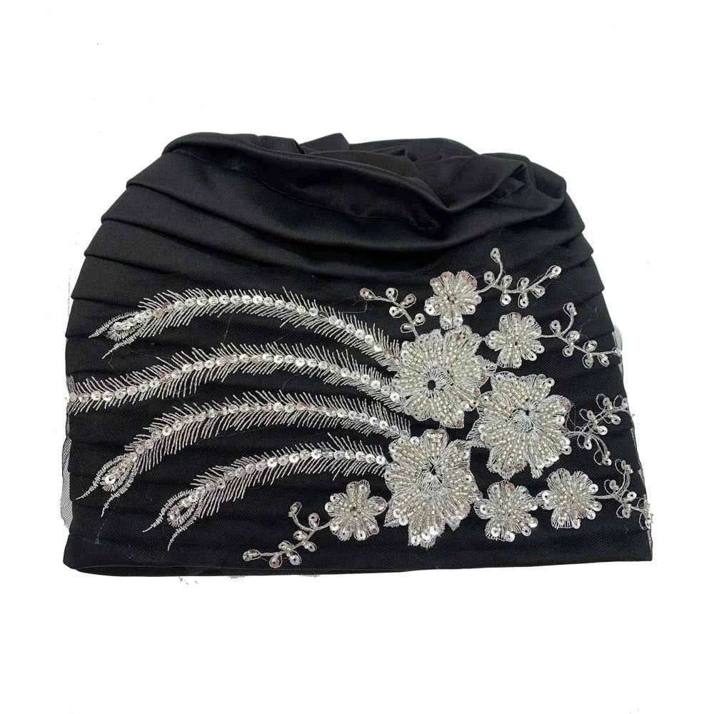 Luxury Embroidery Beading Pleated Turban Cap for Women African Female Wrap Head Bonnet Muslim Turban Hat  Lady Head Wraps - NamafadStore
