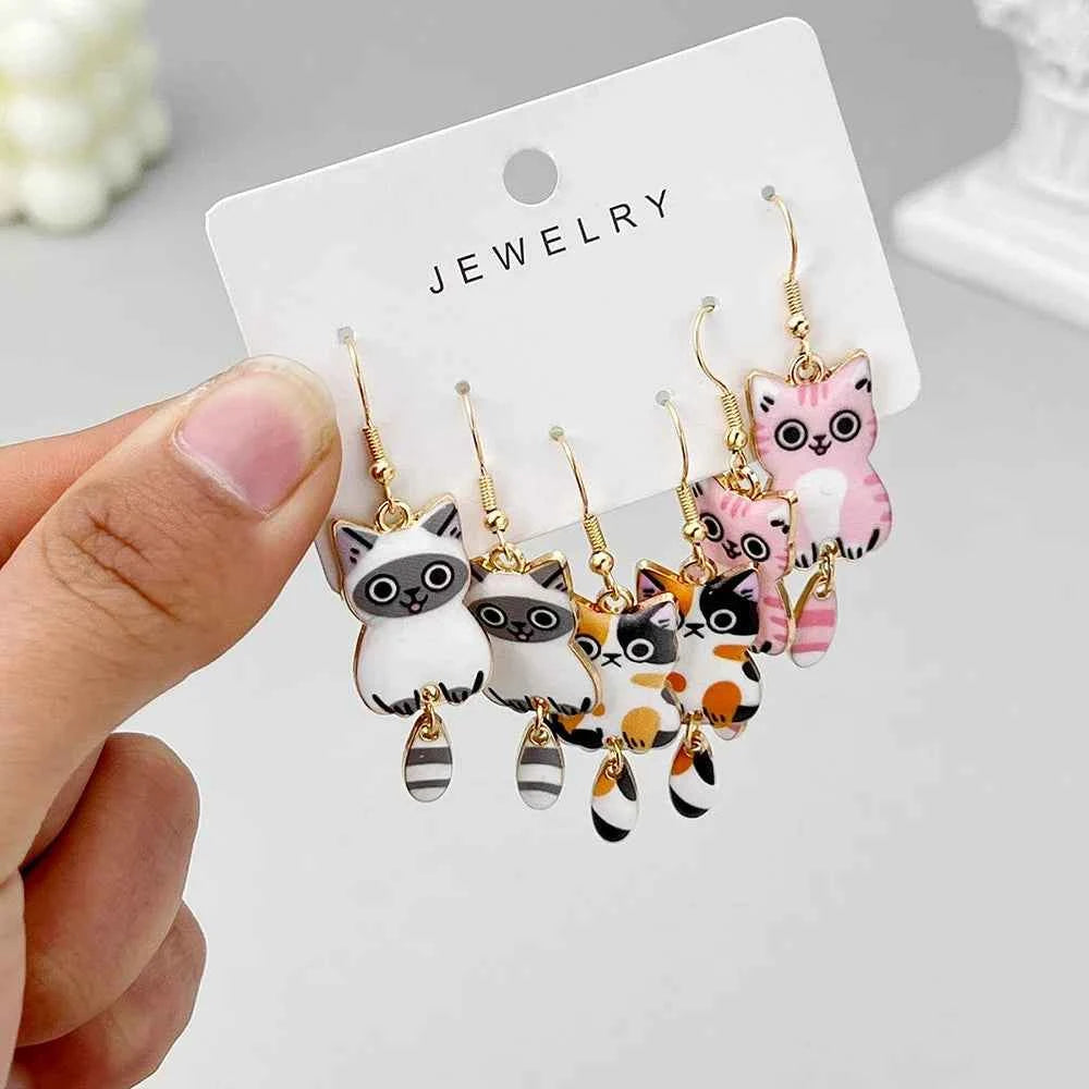 3 Pairs New Fun and Cute Enamel Alloy Hanging Tail Cat Dangle Earrings Colored Cat Ear Jewelry Set Lovely Gift For Women Girls