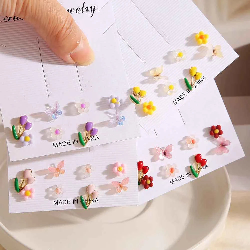 LATS Colorful Fruit Butterfly Flower Earrings Set for Women Creative Trinket Crystal Stud Earrings Fashion Jewelry Accessories