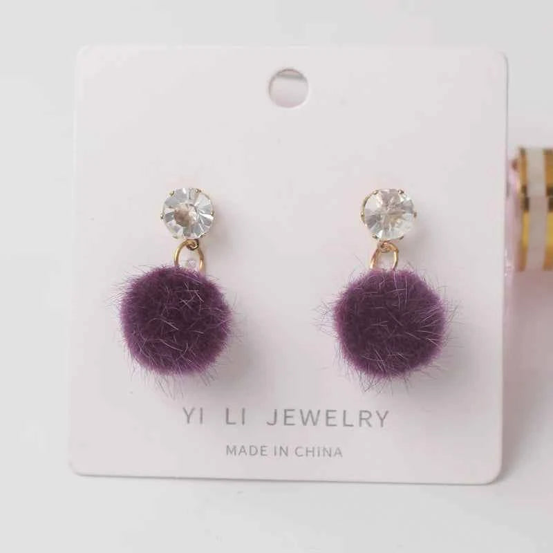 Korean Sweet Hair Ball Dangle Earring For Women Jewelry Pink Red Crystal Female Personality Simple Pink Plush Fur Brincos Gift