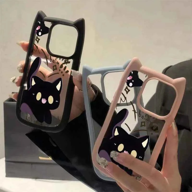 Cartoon Cute Cat Transparent Case for iPhone 15 16 14 13 17 Pro Max Plus 12 11 17 Air Cat's Ears Clear Shockproof Silicone Cover