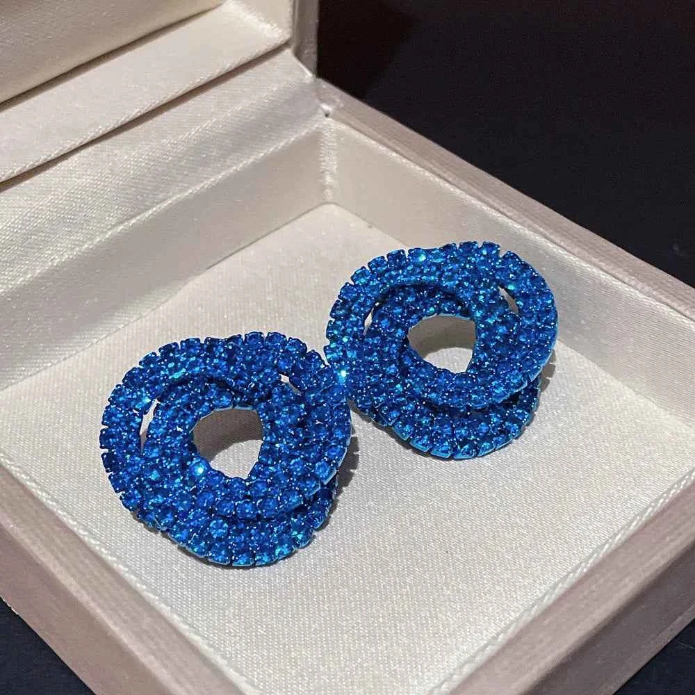 Luxury Shiny Colorful Rhinestones Stud Earrings for Women Bling Crystal Circle Flower Earrings Female Wedding Party Jewelry Gift