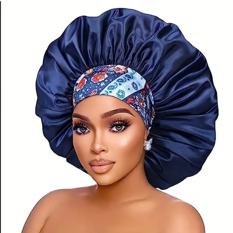 New Big Size Floral Print Bonnet Satin Wide Elastic Band Beanie Night Sleep Caps Head Cover African Headwrap Turban Chemo Caps - NamafadStore