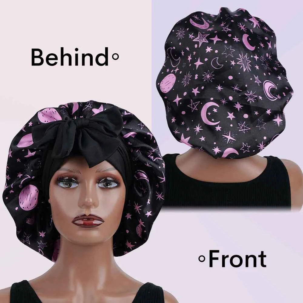 1pc Adjustable Extra Large Satin Bonnet with Bowknot - Wide-Brimmed Sleep Cap for Women, Soft Polyester Hair Care Night Hat