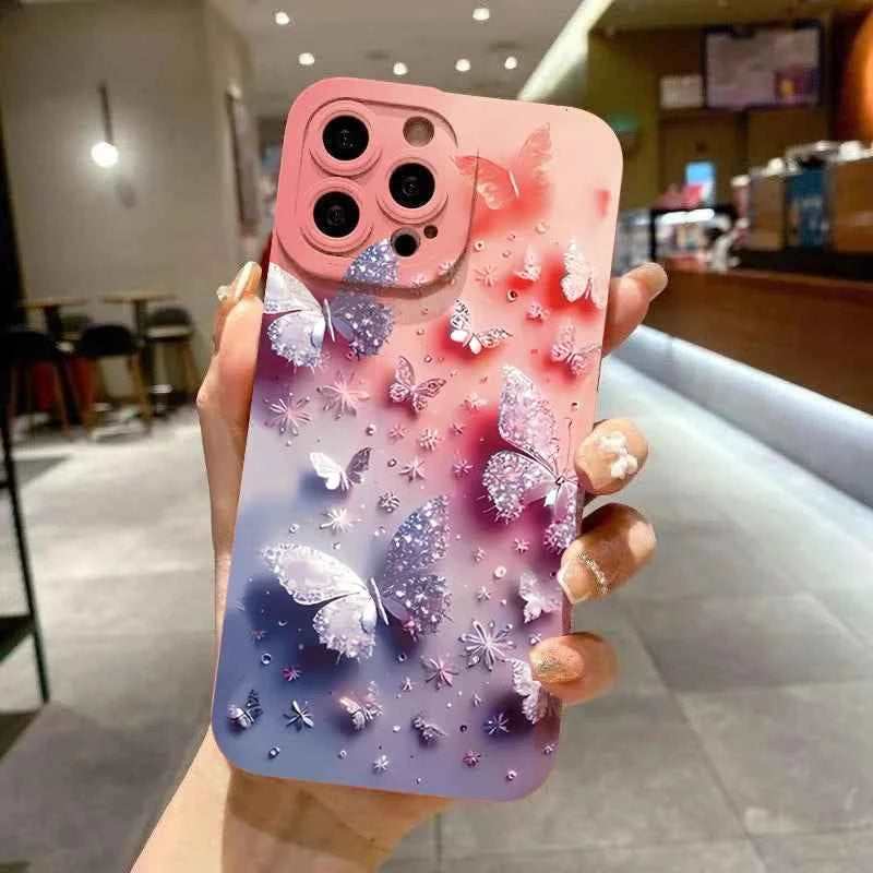 Butterfly & Floral Design Shockproof Phone Case for iPhone 11 12 13 14 15 16 17 Air Pro Max 16E XR XS X 7 8 Plus SE2 Matte Cover