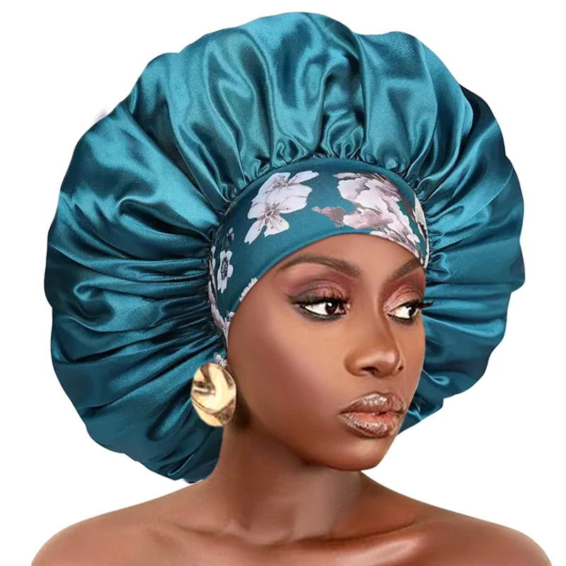 New Big Size Floral Print Bonnet Satin Wide Elastic Band Beanie Night Sleep Caps Head Cover African Headwrap Turban Chemo Caps - NamafadStore