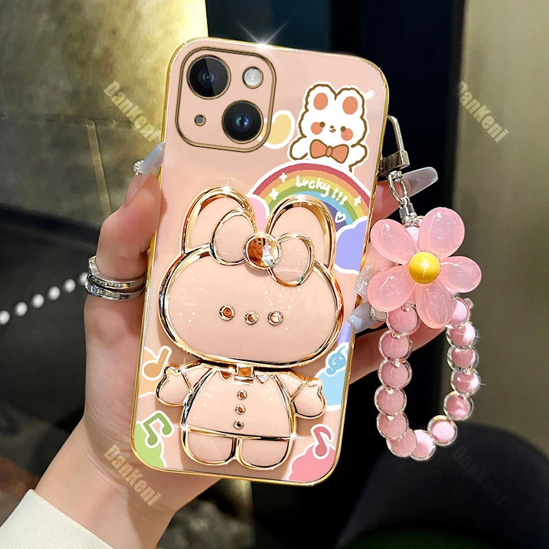 13 14 Lucky Rabbit Holder Bracelet Plating Phone Case For iPhone 13 14 12 15 Pro Max Mini 15 14 Plus XS XSMax XR X Cover
