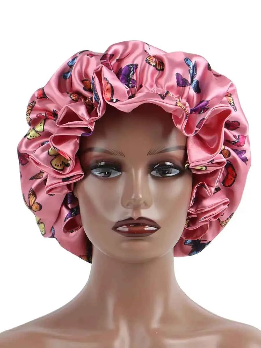 Pink Butterfly Double Layer Adjustable Satin Bonnet Cap Hair Protect Virgin Sleep Bonnet for Women And Girls - NamafadStore