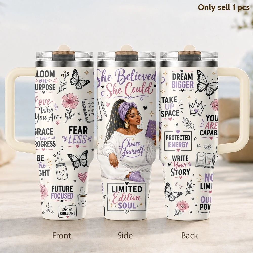 40oz Empowered Black Woman Tumbler – Inspirational Stainless Steel Travel Mug