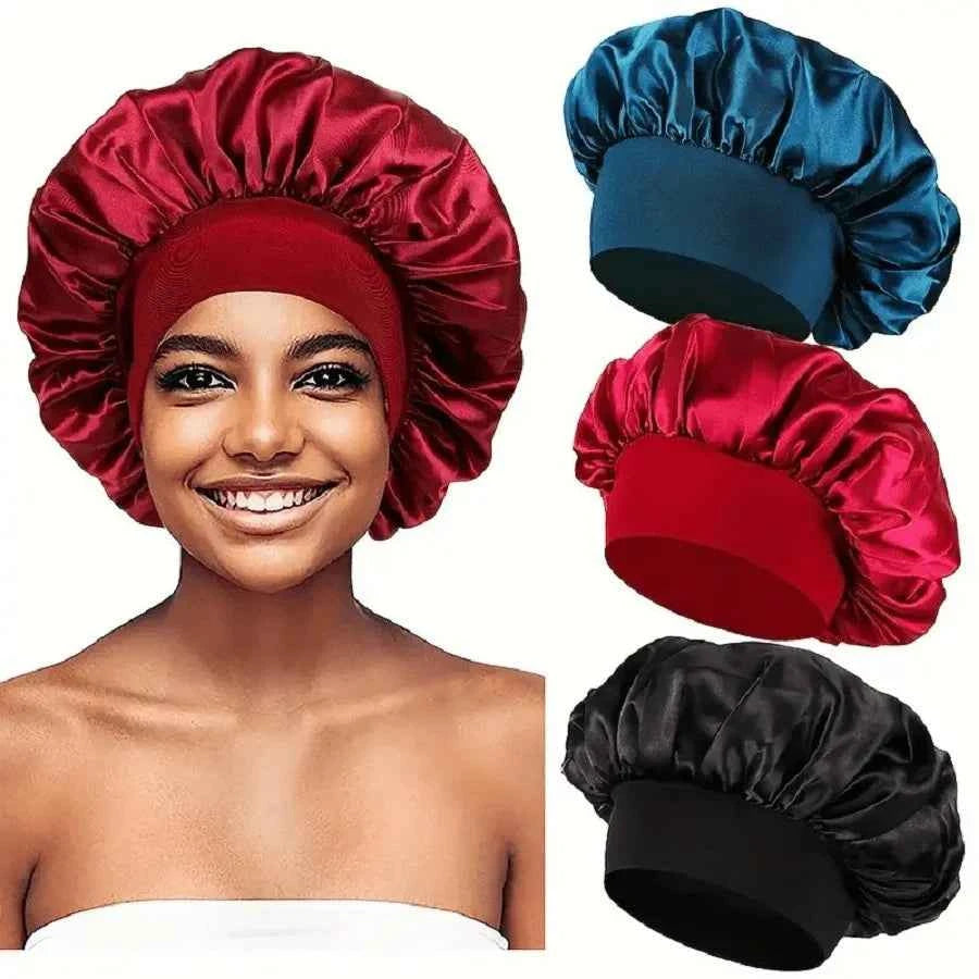 1PC Women's Satin Solid Bonnets Wide-brimmed Night Sleeping Bathing Hat Unisex Head Wrap Elastic Band Cap Hair Care Bonnet.