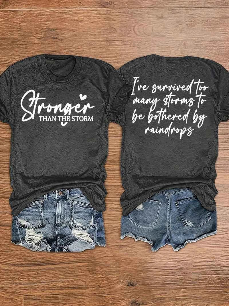 Women Summer Crew Neck Short Sleeve T-Shirt, Double Sided Inspirational Quote Print "Stronger Than The Storm", Casual Tee