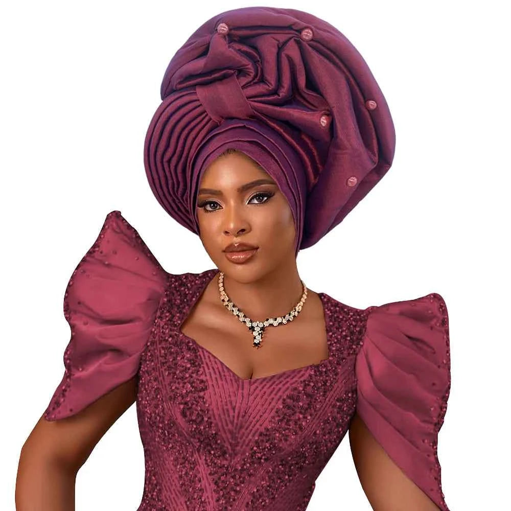 African Female Head Wraps Raw Silk Turban Cap for Women Nigeria Wedding Party Headcover Hat Ready to Wear Head Ties