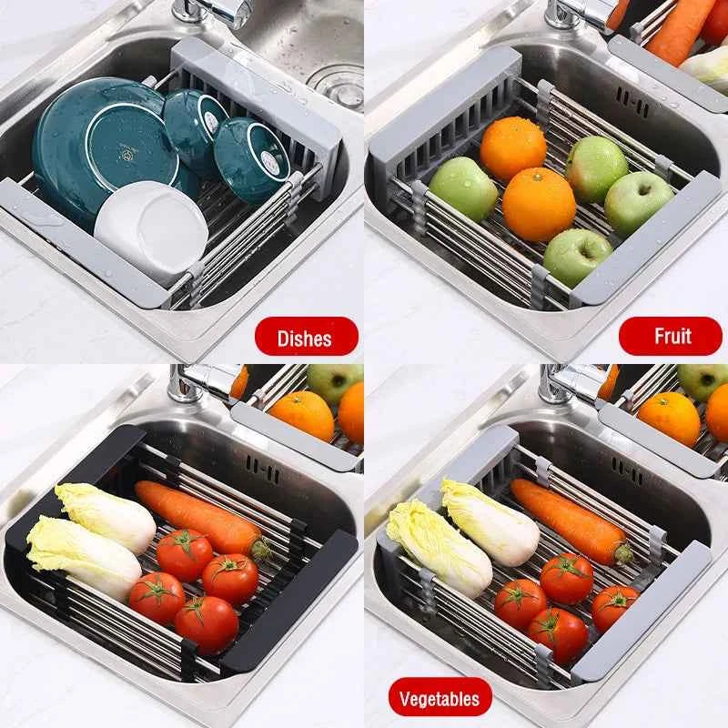 Adjustable Drain Rack Stainless Steel Sink Drain Rack Fruit Vegetable Drain Basket Kitchen Retractable Drying Rack