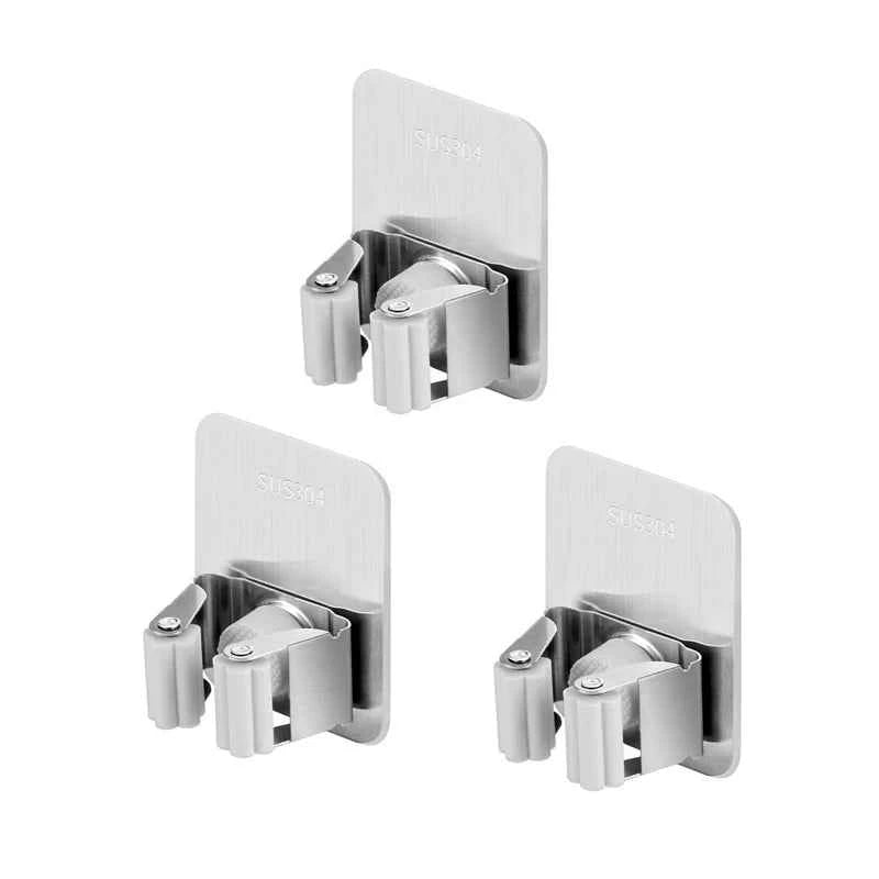 304 Stainless Steel Mop Holder Wall Mounted Adhesive Multi-Purpose Hooks Household Storage Organizer Rack Broom Hanger Stick