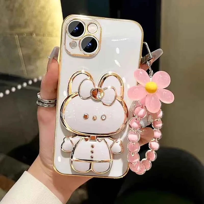 Bead bracelet Rabbit Mirror Rabbit Flower Strap Case For iPhone 16 Pro Max 15 Plus 14 13 12 11 SE 2022 Electroplated Kickstand