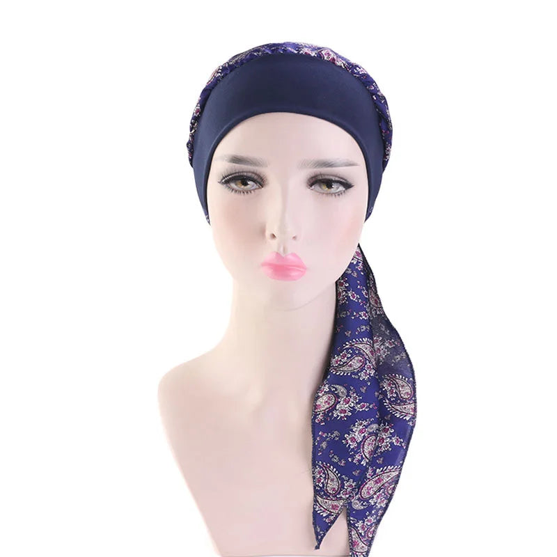 Muslim Women Headwear Turbans Silky Head Scarf With Wide Band Printed Sleeping Hat Hijab Bonnet Hair Cover Ready To Wear - NamafadStore