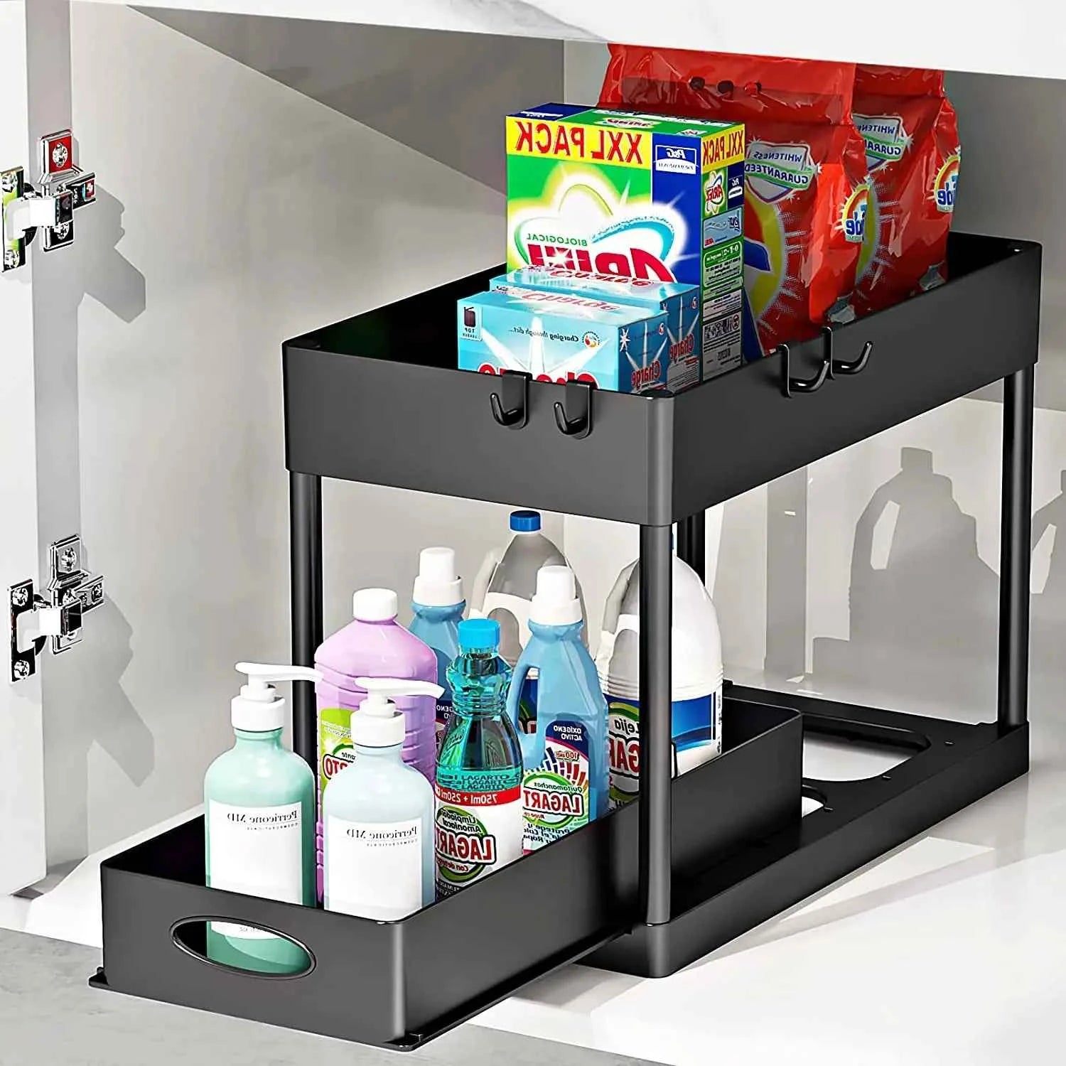 2 Tier Under Sink Organizer Sliding Cabinet Basket Organizer Storage Rack with Hooks Hanging Cup Bathroom Kitchen Organizer