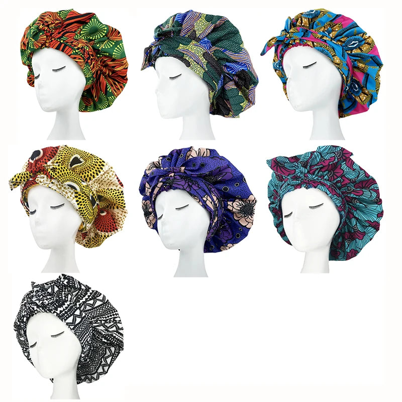 New African Ankara Pattern Satin Linned Bonnet Women Long Ribbon Headwrap Double Layer Headscarf Big Size Adult Hair Cover