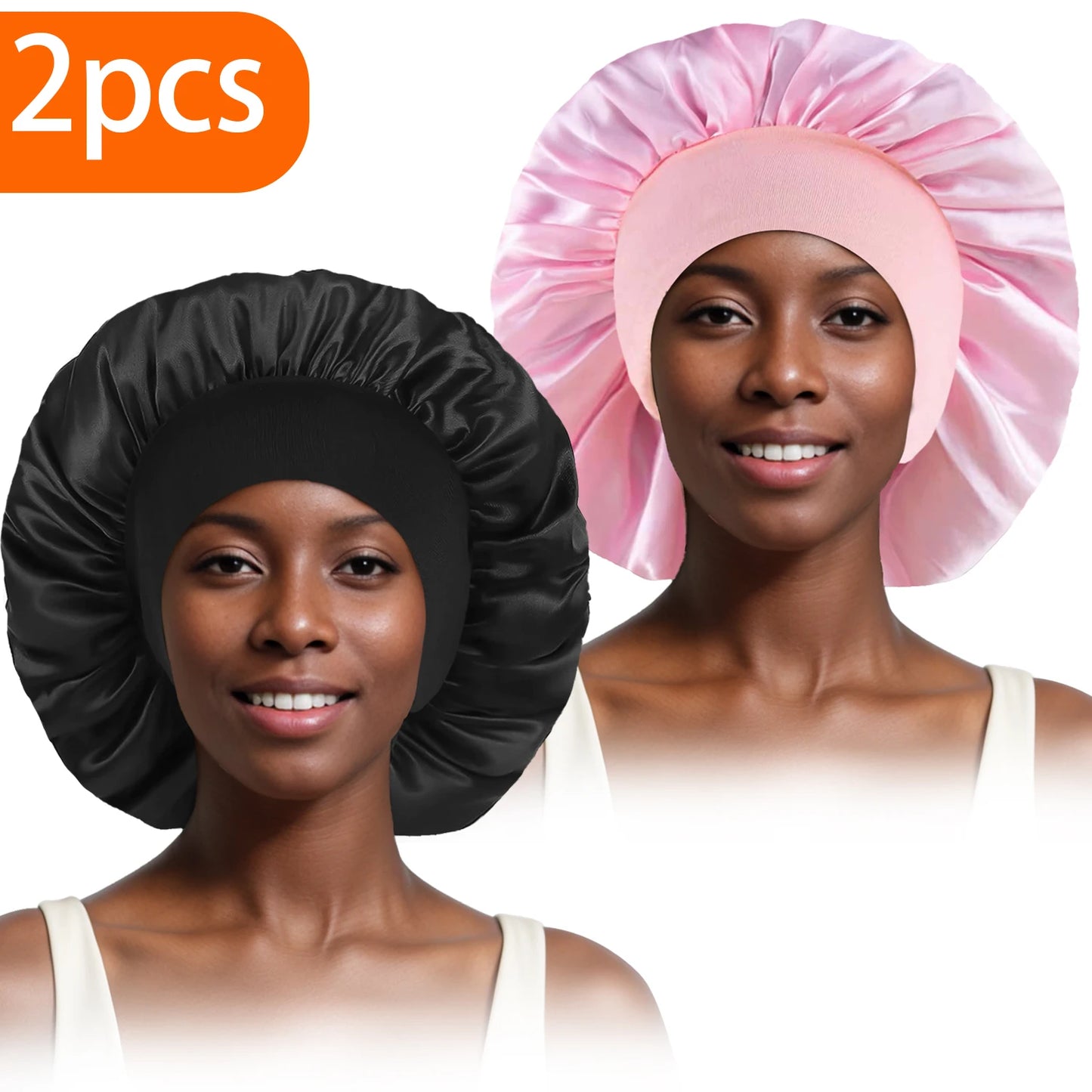 2pcs Women's Fashion Bonnet Large Wide Edge Elastic Hat Casual Silk Smooth Tint Suitable for Curled Straight Hair Sleeping Hat - NamafadStore