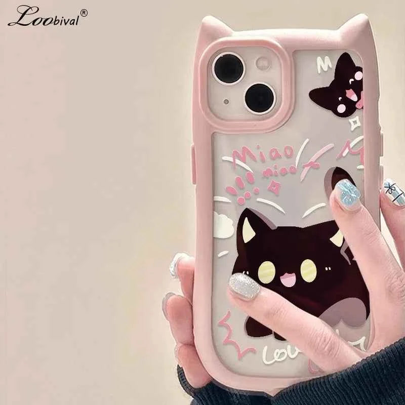 Cartoon Cute Cat Transparent Case for iPhone 15 16 14 13 17 Pro Max Plus 12 11 17 Air Cat's Ears Clear Shockproof Silicone Cover