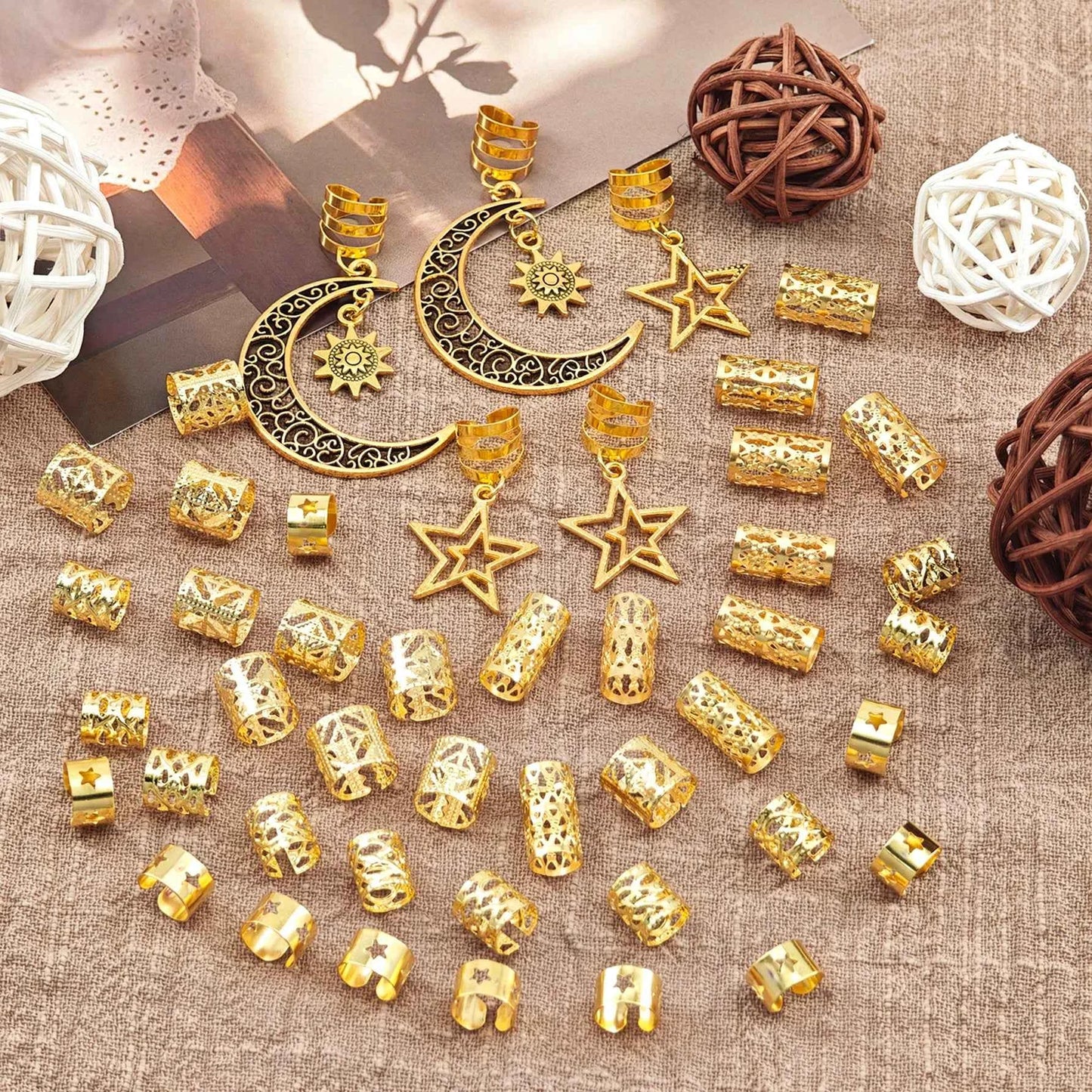 45pcs Women Dreadlock Bead Assortment Moon & Star Design Hair Accessories, Fashion Unique Hair Clip, School Stuff
