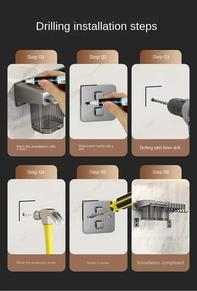 Wall-mounted knife rack for kitchen, multifunctional, no drilling required, knife and utensil holder, chopstick tube, integrated