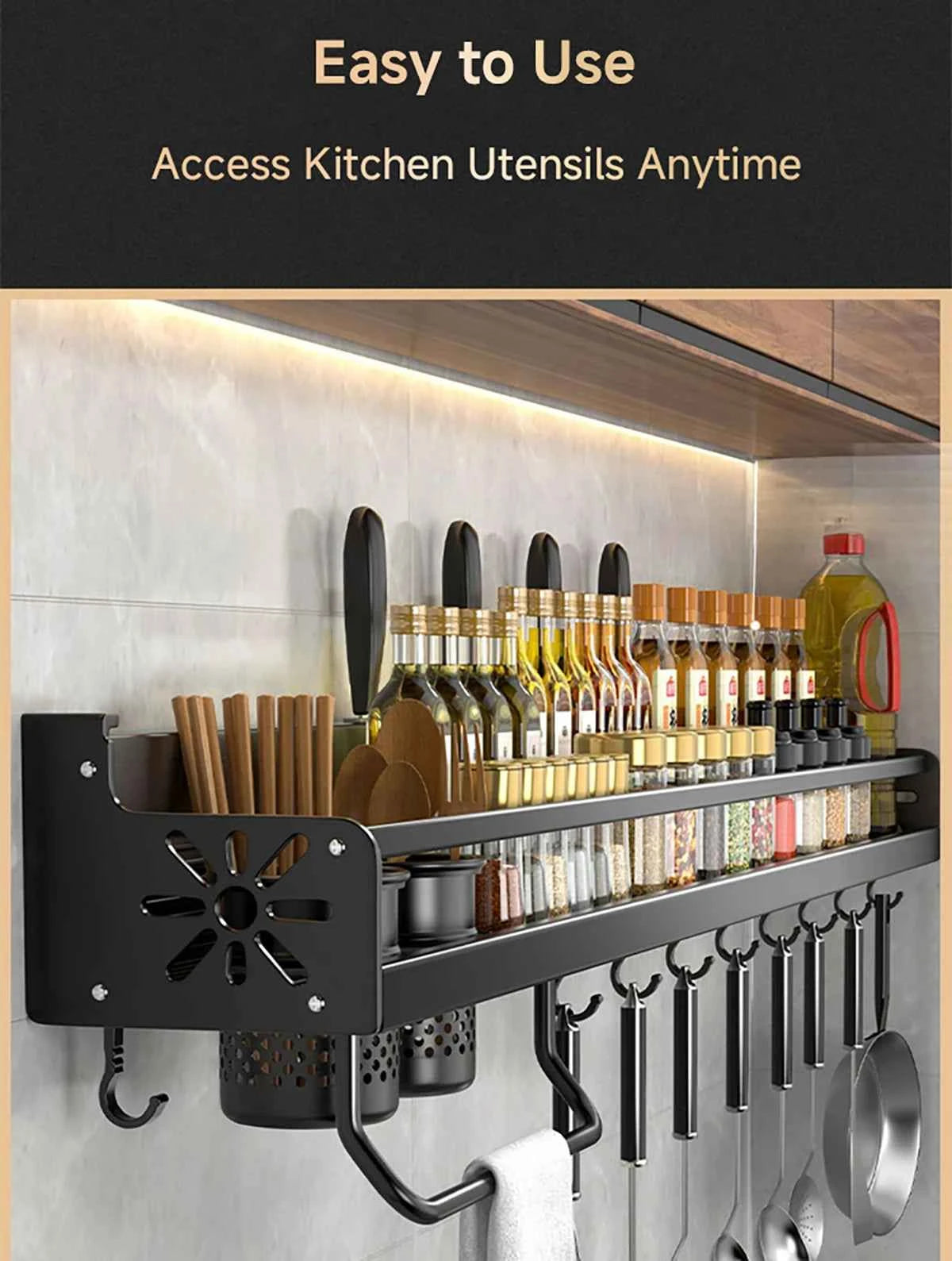 Metal Kitchen Shelf No-Punch Large Capacity Storage Kitchen Utensils Skeletonized Drainage Design Easy to Clean Black