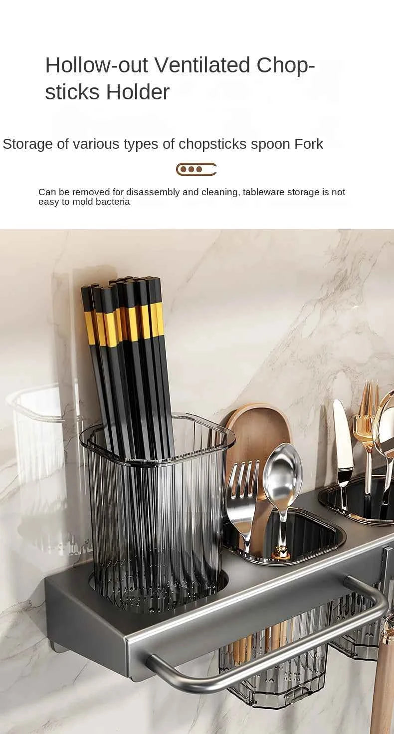 Wall-mounted knife rack for kitchen, multifunctional, no drilling required, knife and utensil holder, chopstick tube, integrated