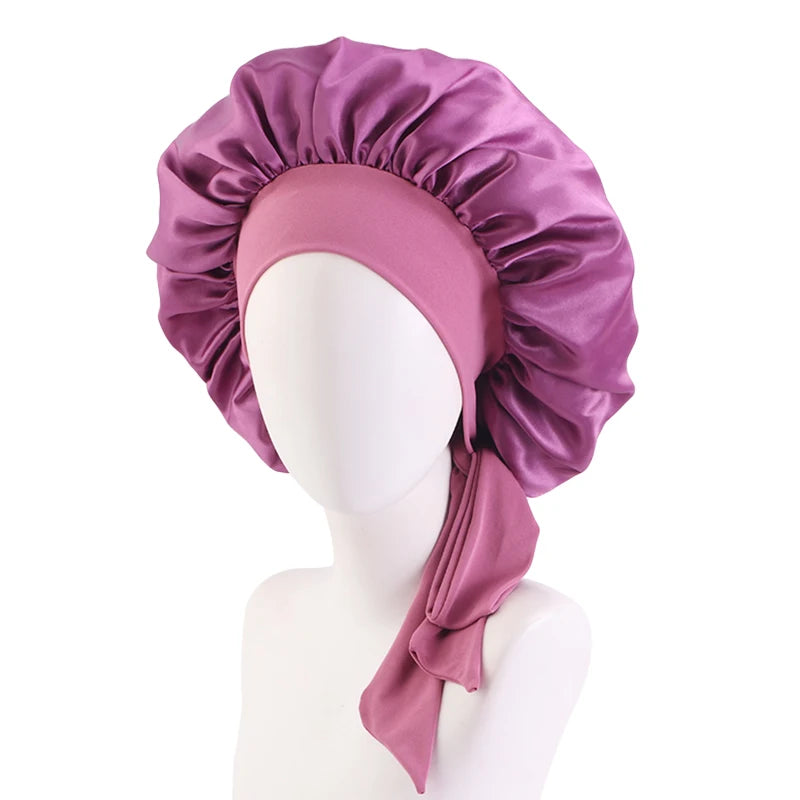 New Women Satin Solid Sleeping Hat with Stretchy Tie Band Elastic Night Shower Cap Adjustable Hair Head Cover Bonnet turban