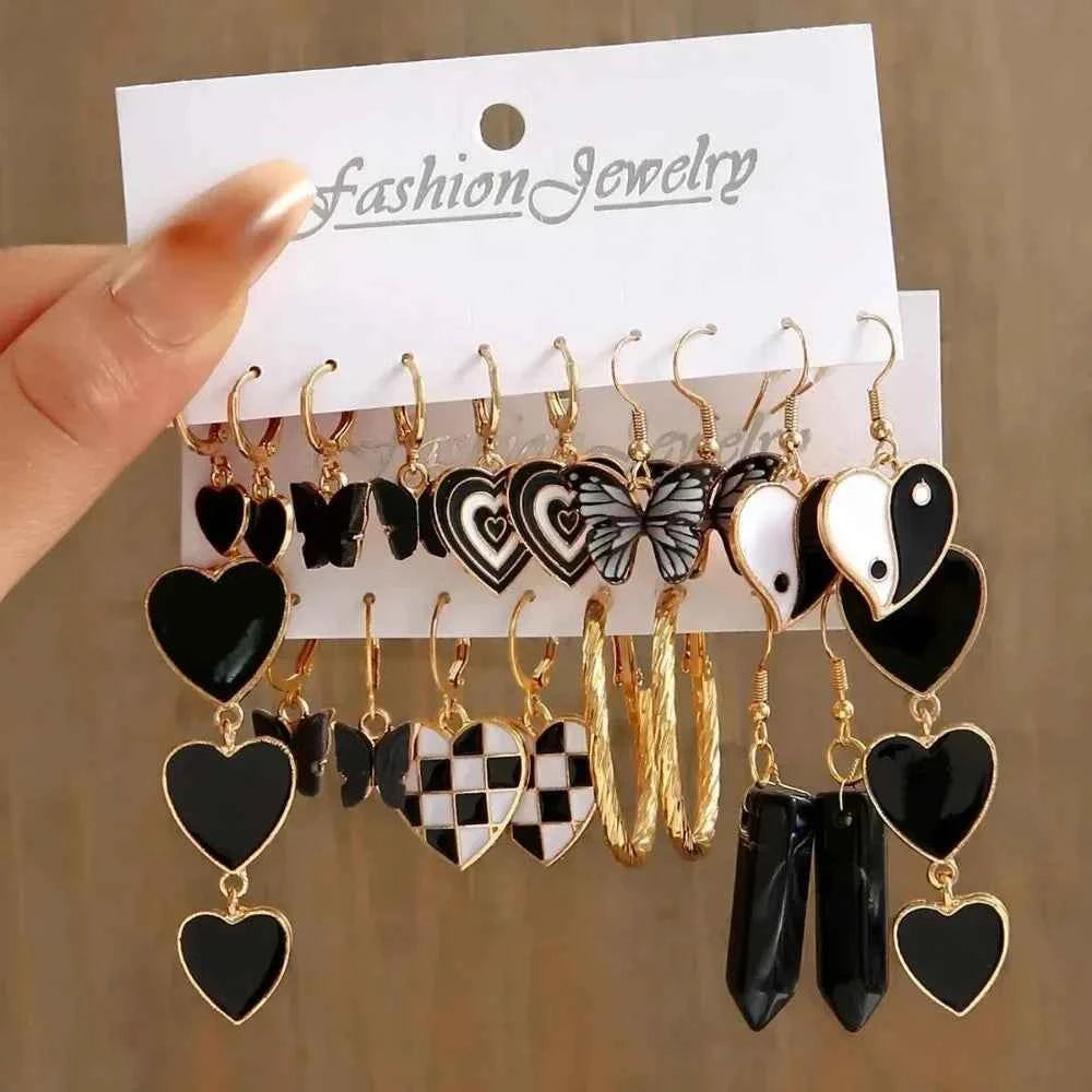 12Pcs Classic Fashion Butterfly Heart Drop Dangle Earrings for Women Charm Gold Color Enamel Pearl Hoop Earring Punk Jewelry Set