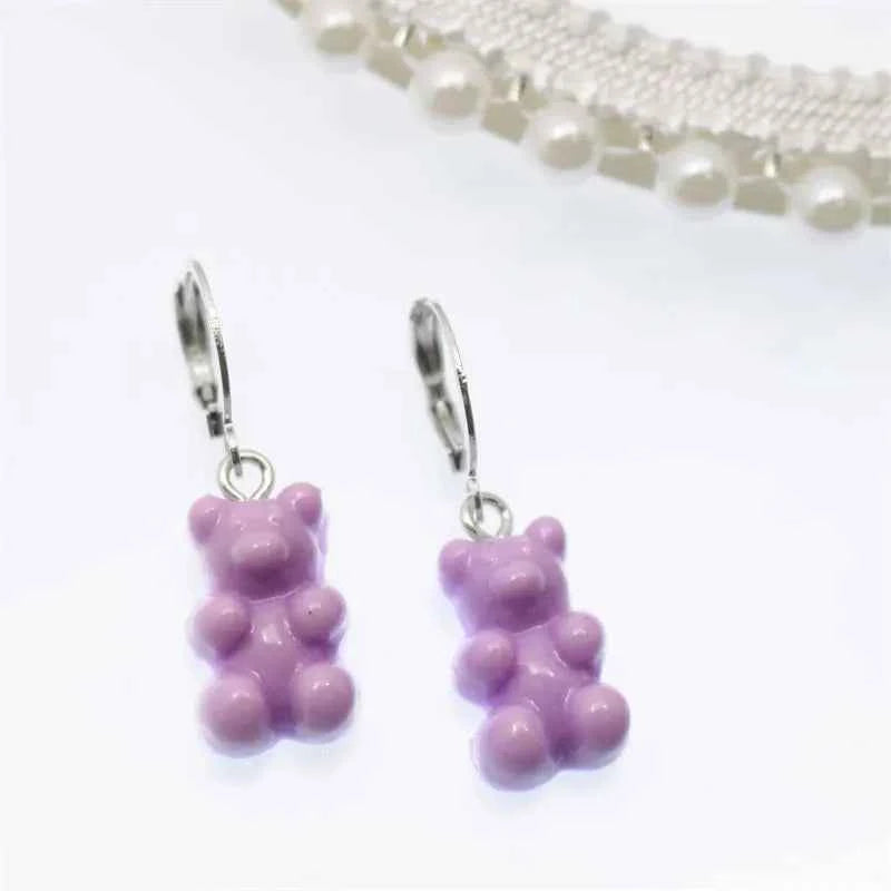2022 Pink Bear Gummy Cartoon Dangle Earrings For Women Colorful Sequins Gradient Bear Hoop Earring Cute Girl Lucky Jewelry Gift