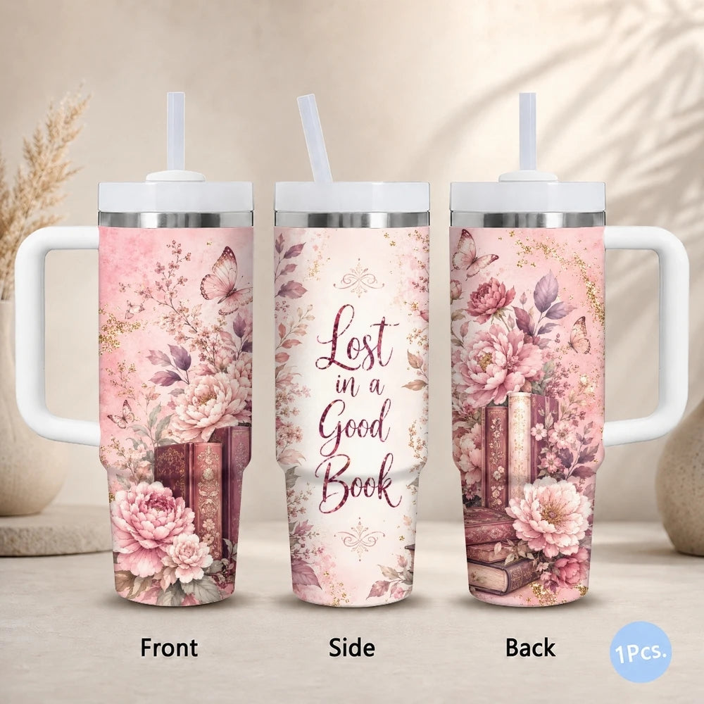 Floral & Book Lover 40oz Tumbler – Insulated Stainless Steel Cup with Straw