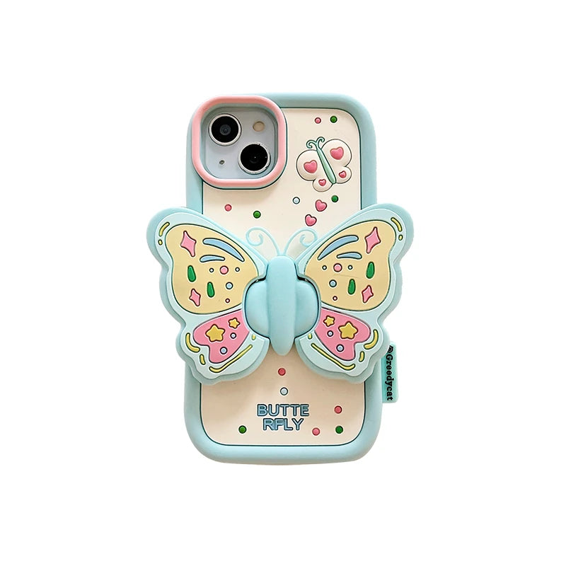 Ins Fashion Lovely Purple Butterfly Holder Stand Case For iPhone 17 15 14 13 16 Pro Max Soft Silicone Phone Cover