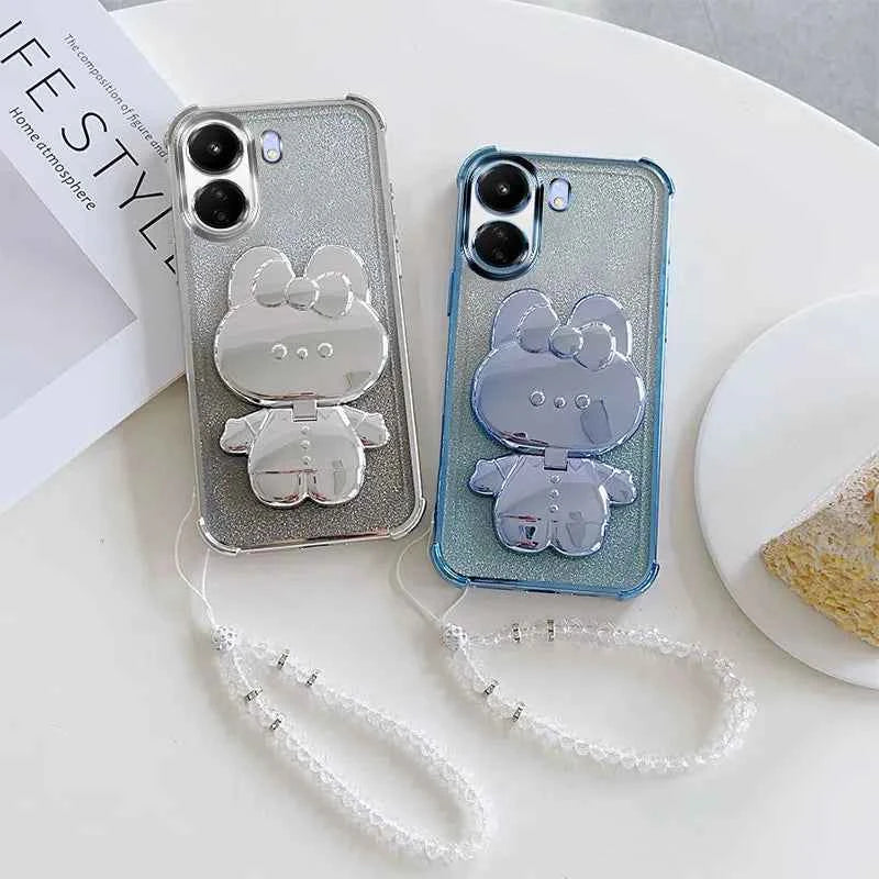 Luxury Shockproof Phone Case with Cute Rabbit Makeup Swivel Stand Crystal Lanyard For Xiaomi Redmi 13C 4G Poco C65 Back Cover