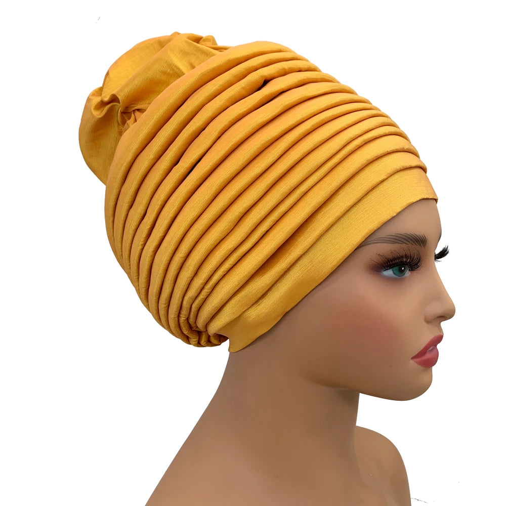 New Raw Silk Pleated Turban Cap for Women African Female Head Wraps Nigeria Lady Headwear Hat Wedding Headtie - NamafadStore