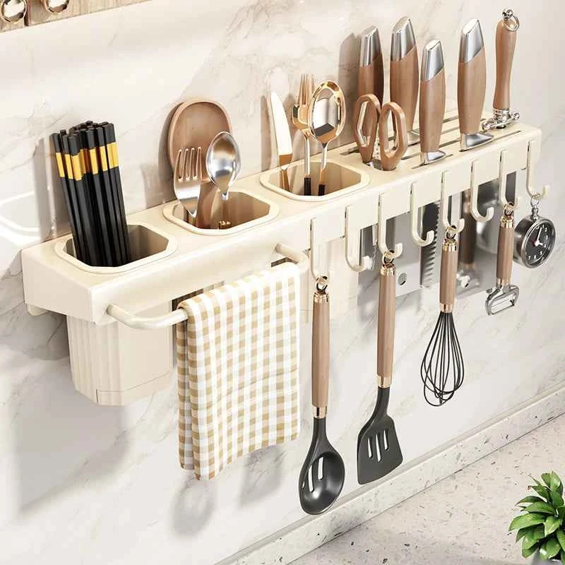 Wall-mounted knife rack for kitchen, multifunctional, no drilling required, knife and utensil holder, chopstick tube, integrated