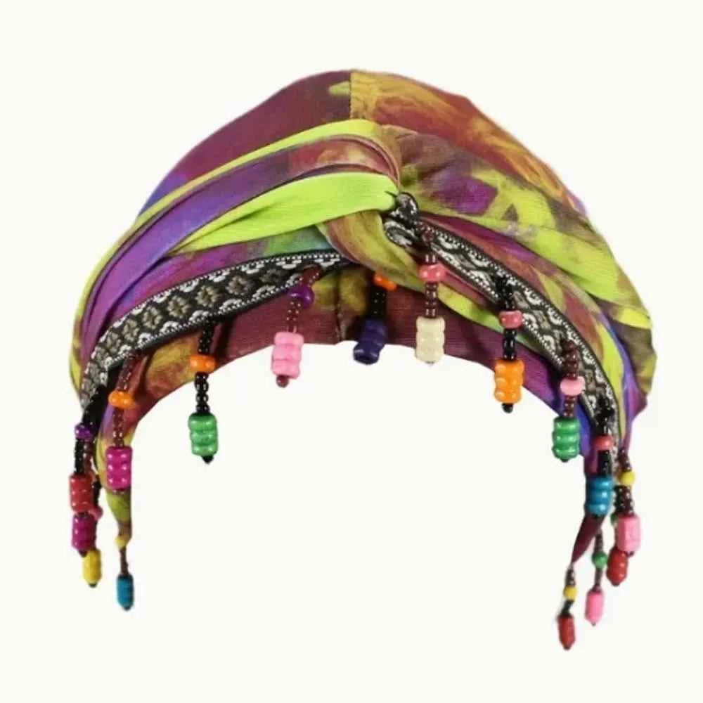 Bonnet Hat Elastic Colorful Beaded Headscarf Breathable Hijab Pre-tie Head Wraps Dome Indian Style Jacquard Pullover Cap Gifts