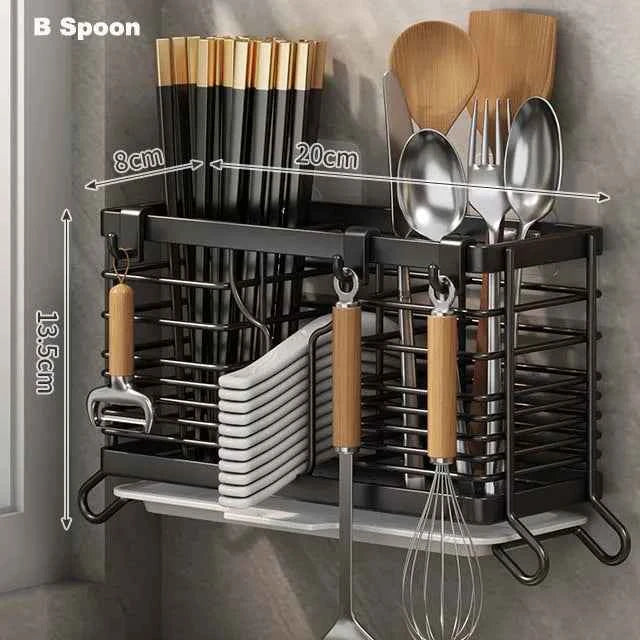 Cutlery Organizer Kitchen Storage Rack Wall Mounted Knife, Fork, Spoon Chopstick Rack with Drainage Tray Kitchen Utensil Cage