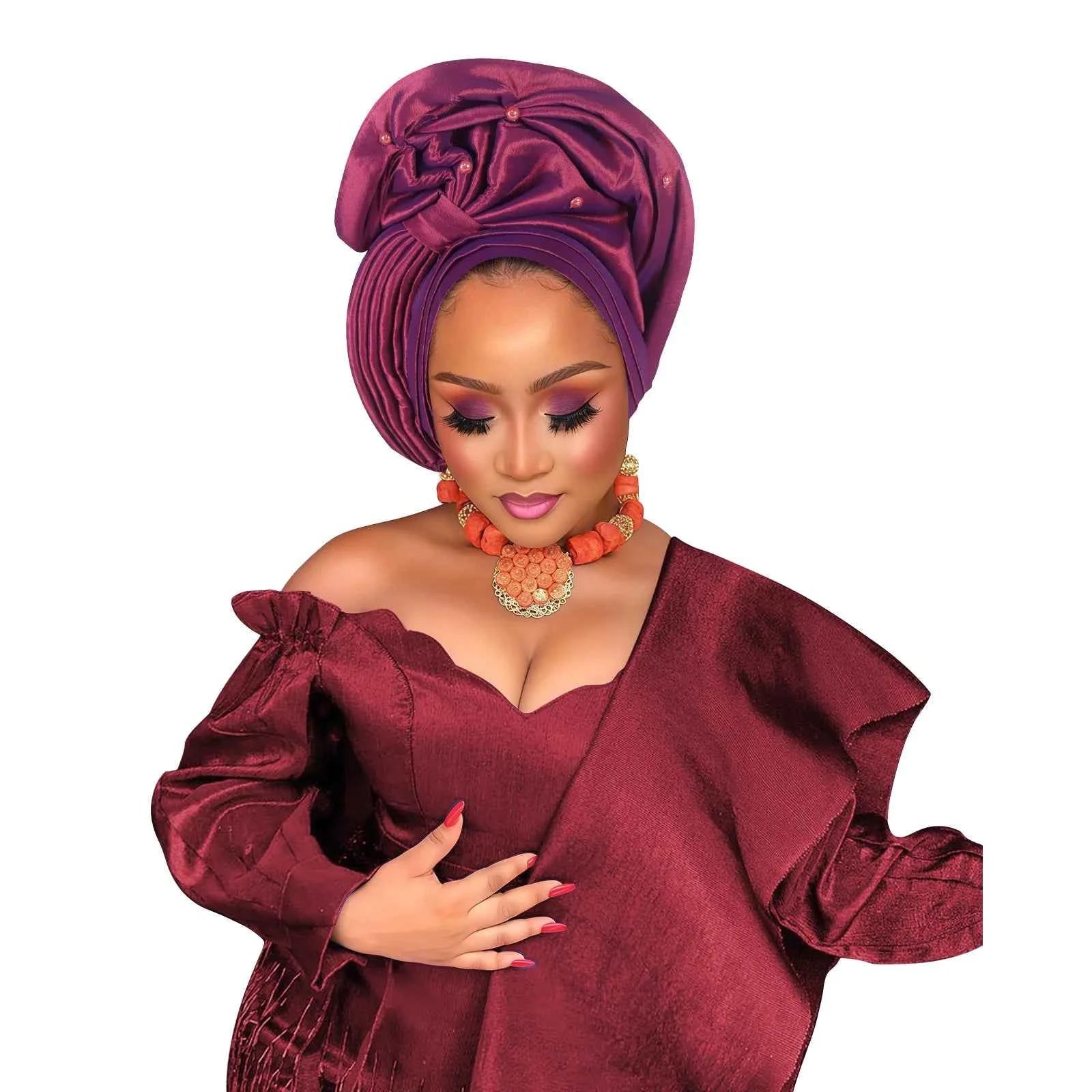 African Female Head Wraps Raw Silk Turban Cap for Women Nigeria Wedding Party Headcover Hat Ready to Wear Head Ties
