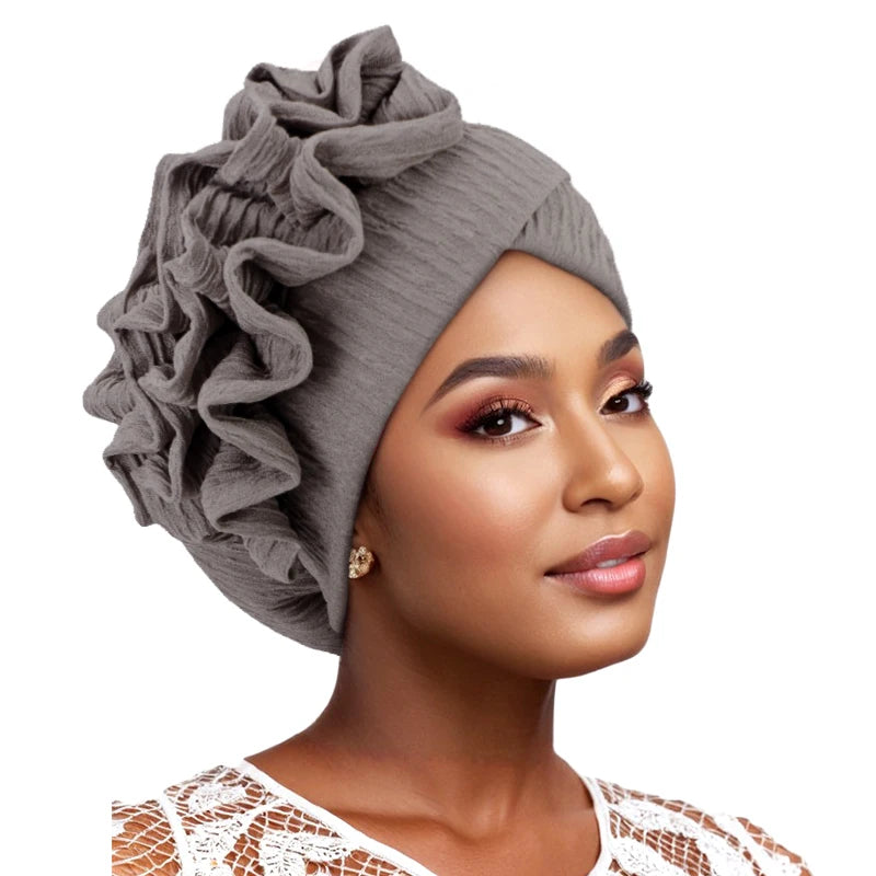 New Muslim Ruffle Flower Elegant Turban Hat for Women Bonnet Solid Hat Elastic Islam Beanies Hats Ramadan Chemo Cap - NamafadStore
