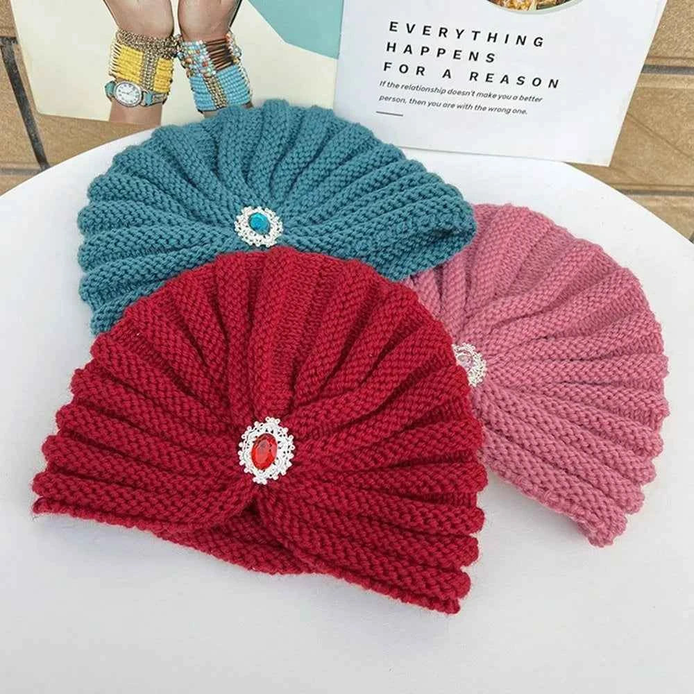 Fashion Winter Warm Hijab Caps Soft Thick Bohemia Turban Diamond Jewelry Wool Knitting Knitted Hats for Women