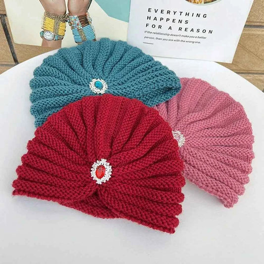 Fashion Winter Warm Hijab Caps Soft Thick Bohemia Turban Diamond Jewelry Wool Knitting Knitted Hats for Women