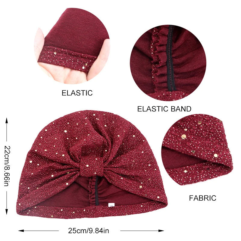 Women Sequin Knotted Turban Indian Hat Muslim Hijab Beanie Bonnet Hair Loss Headscarf Chemo Cap Headwear Bandanas Turbante Mujer - NamafadStore