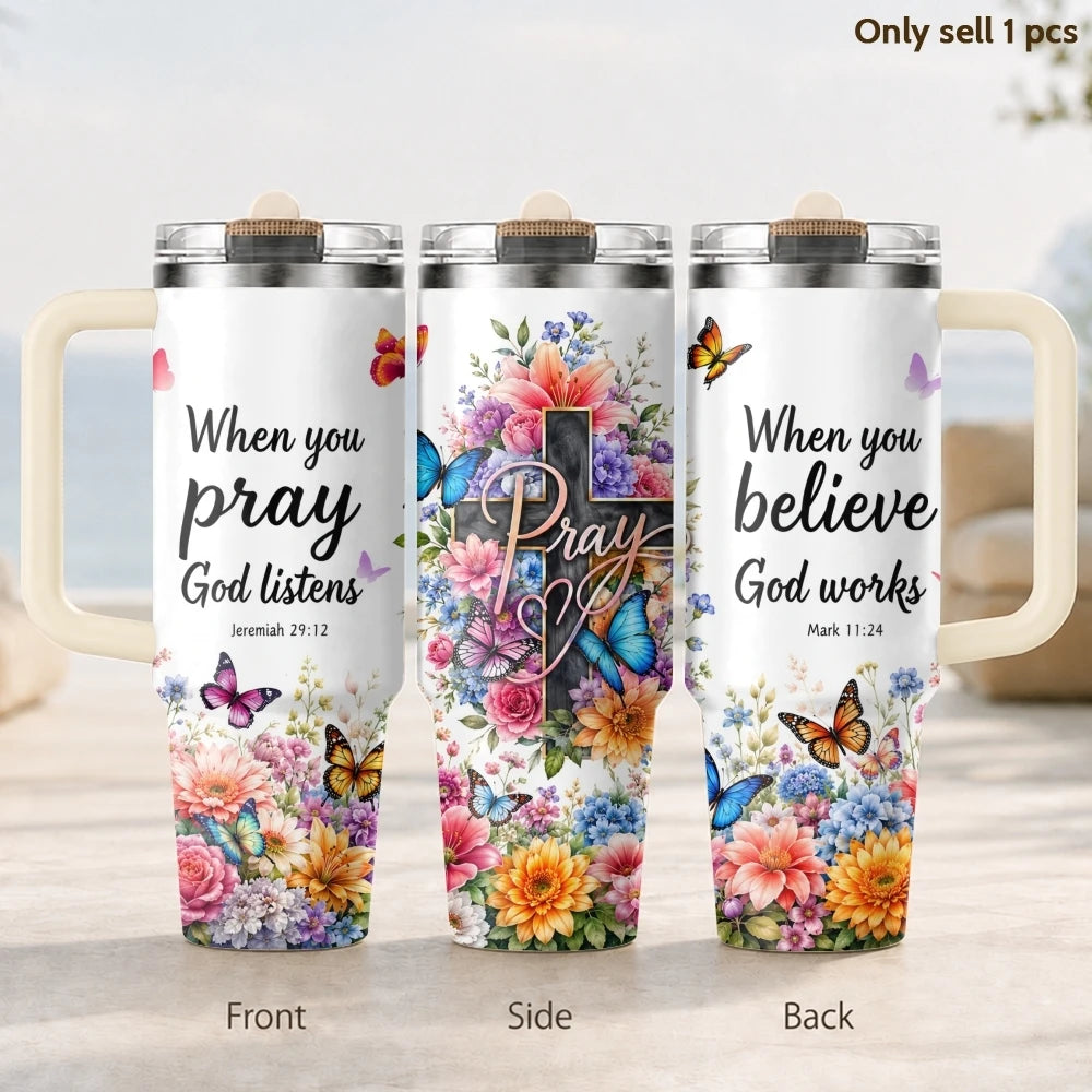 40oz Christian Butterfly Floral Tumbler – Insulated Stainless Steel Cup