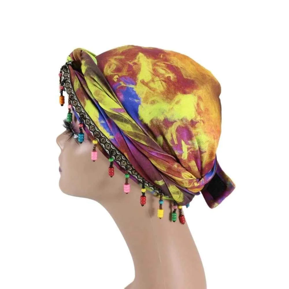 Bonnet Hat Elastic Colorful Beaded Headscarf Breathable Hijab Pre-tie Head Wraps Dome Indian Style Jacquard Pullover Cap Gifts