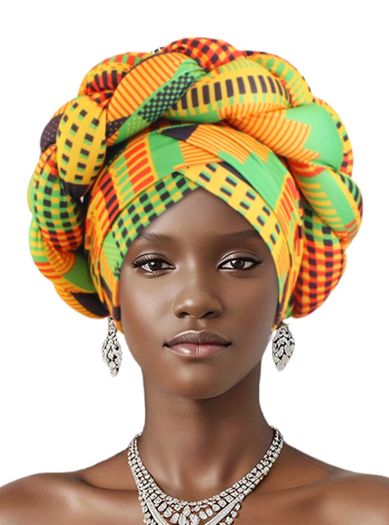 New African Print Twisted Large Braid Turban Hat Muslim Hijab Hat Elastic Head Wraps Headscarf Ramadan Headscarf Beanie Hats - NamafadStore