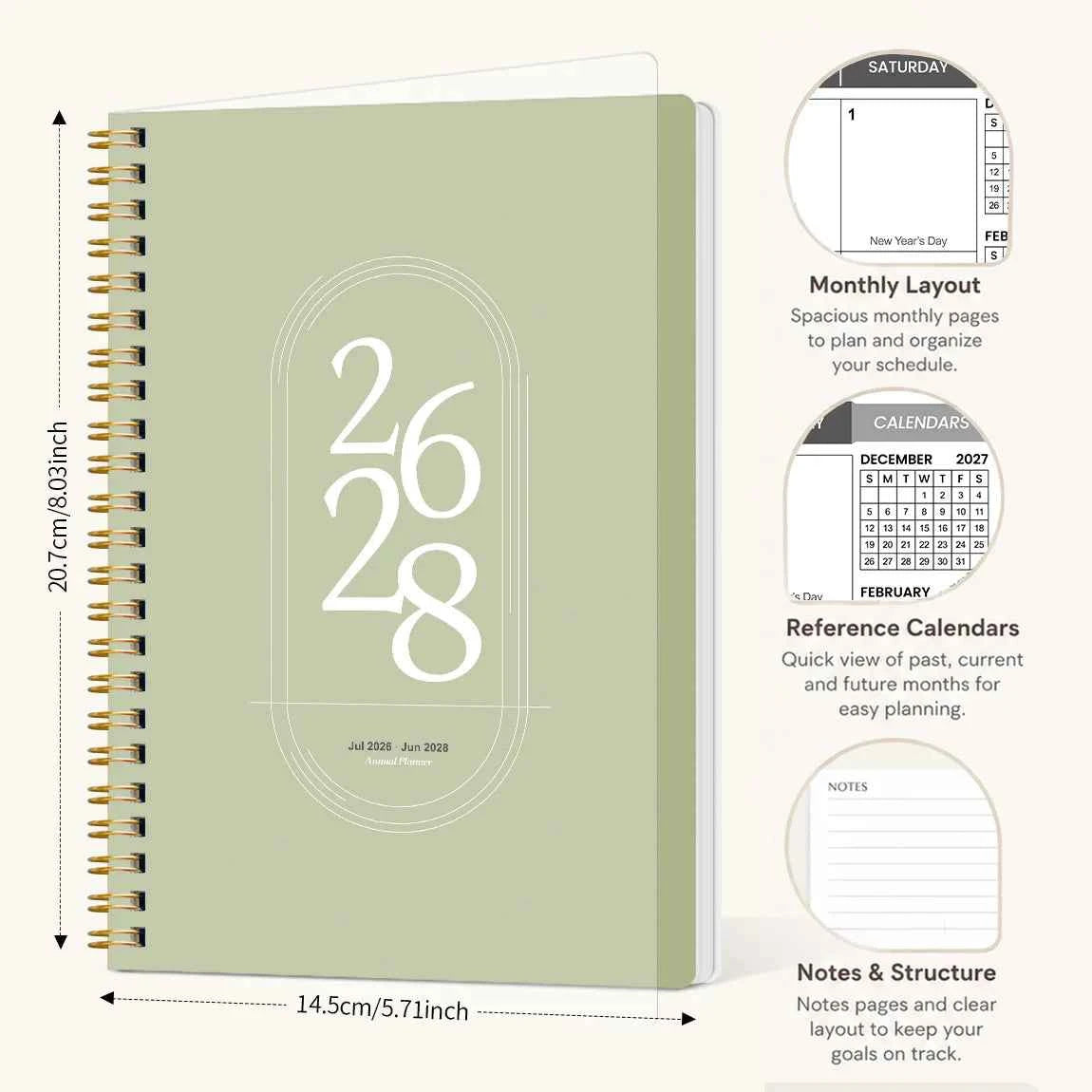 2026-2028 Academic Planner Jul 2026-Jun 2028, A5 Monthly Planner with Notes Pages, Reference Calendars & Gold Coil