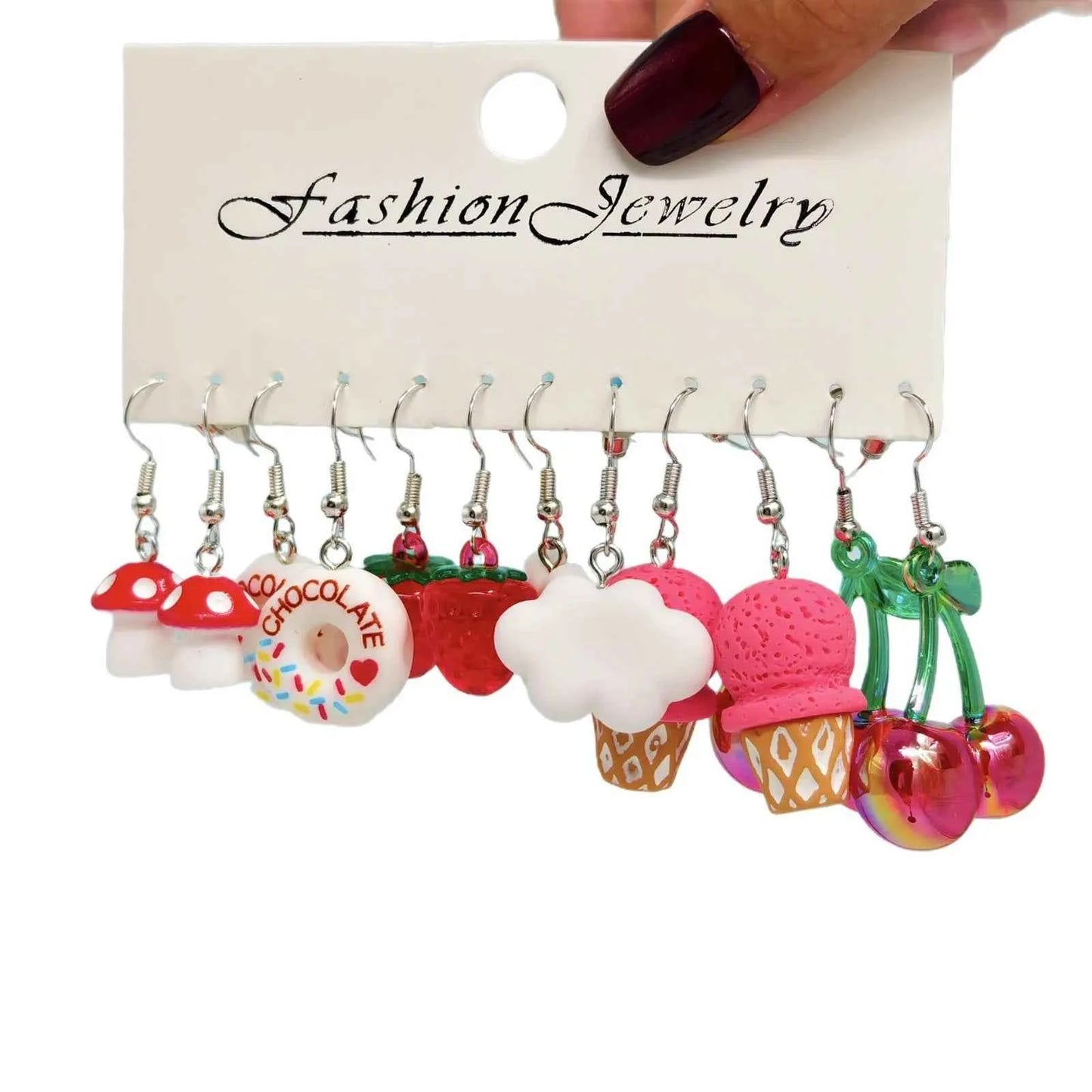 cartoon candy color matching resin earrings cherry mushroom donut ice cream combination set