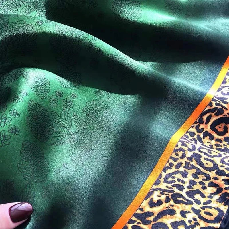 [BYSIFA] New Emerald Green Silk Scarf Women Brand Leopard Printed Square Scarves 90*90cm Fashion Accessories Headscarves Hijabs - NamafadStore